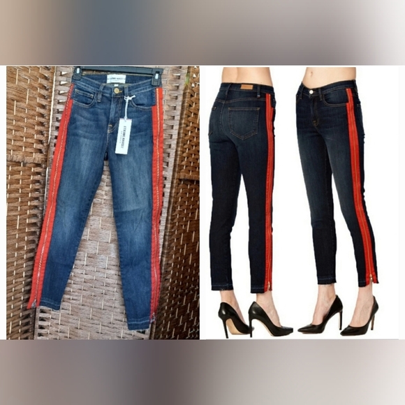 Etienne Marcel Denim Red Zipper Tuxedo Stripe Skinny Jean Size 0 (24) - Picture 1 of 10